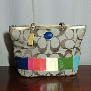 Coach Signature Stripe Leather Tote